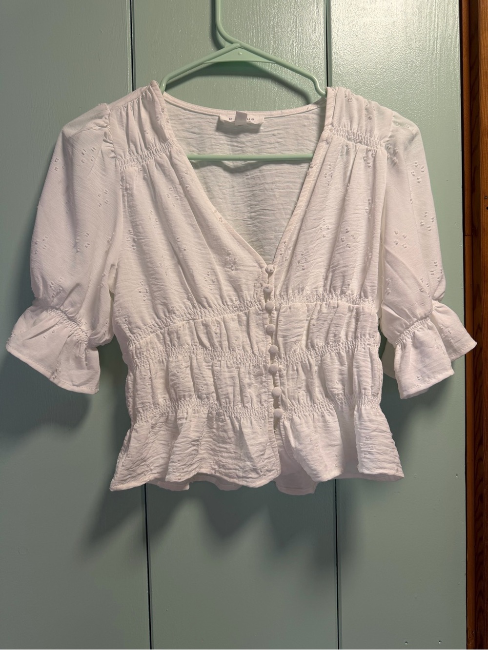 iris White Button-Front Peplum Eyelet Blouse